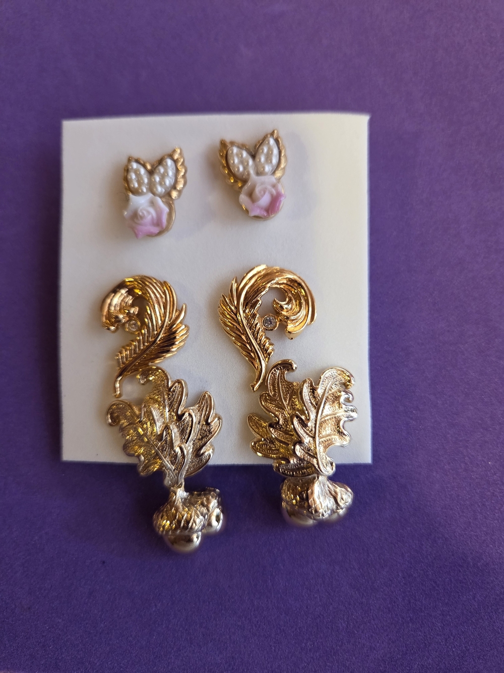 Gold Leaf Drop Earrings and Pink Rose Stud Set - Women Jewelry 3 Sets